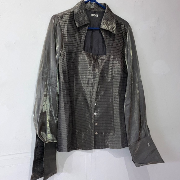 Iridescent, sage, green button-down blouse - Picture 2 of 12